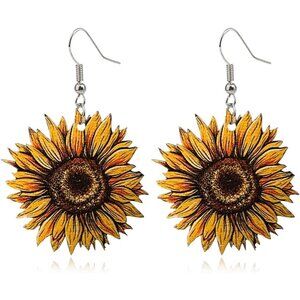 Unique Simple Handmade Wooden Sunflower Daisy Flower Dangle Drop Earrings Bohemi